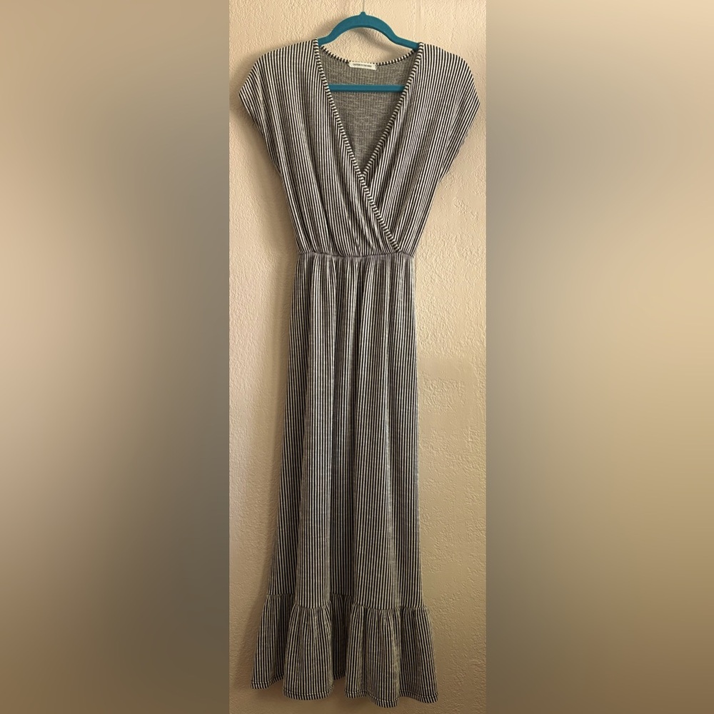 Navy and white striped midi dress.